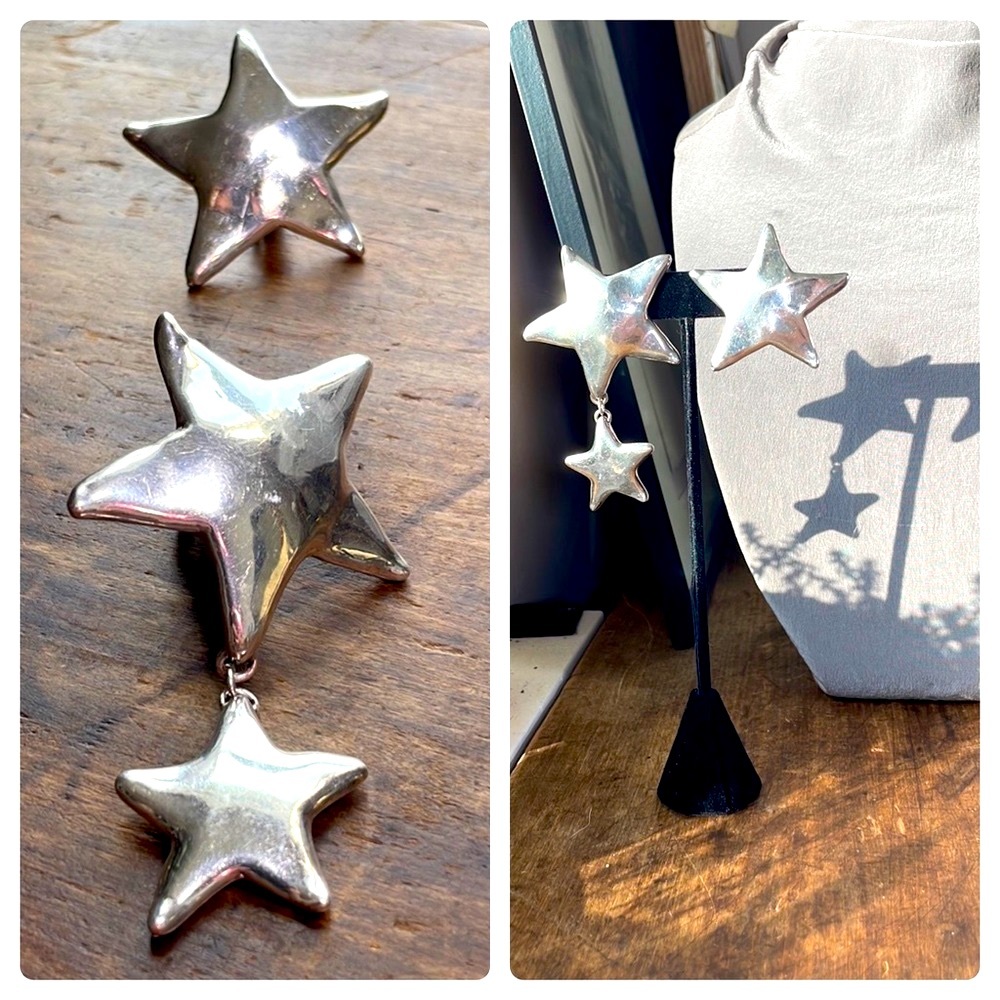 BAT AMI Vintage Sterling Oversized Asymmetrical Star Earrings, Clip Back
